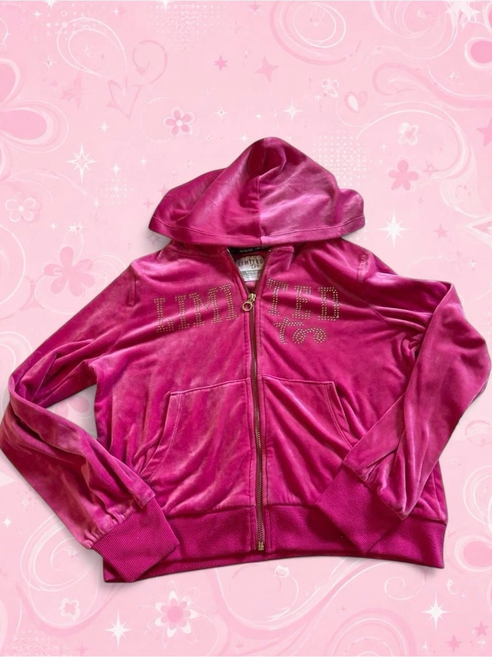 Limited Too Hot Pink Velour Zip Hoodie with Studded Logo